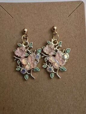 Hand Crafted Delicate Pink Butterfly Floral Drop Earrings - Gold Tone
